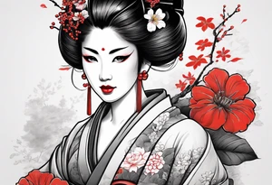 design of a geisha with a branch and a flower, asian style with color tattoo idea