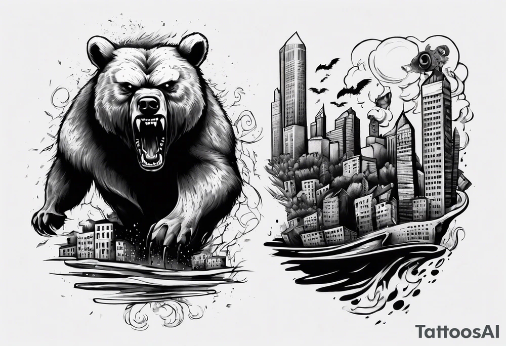 Angry bear coming up behind a city tattoo idea