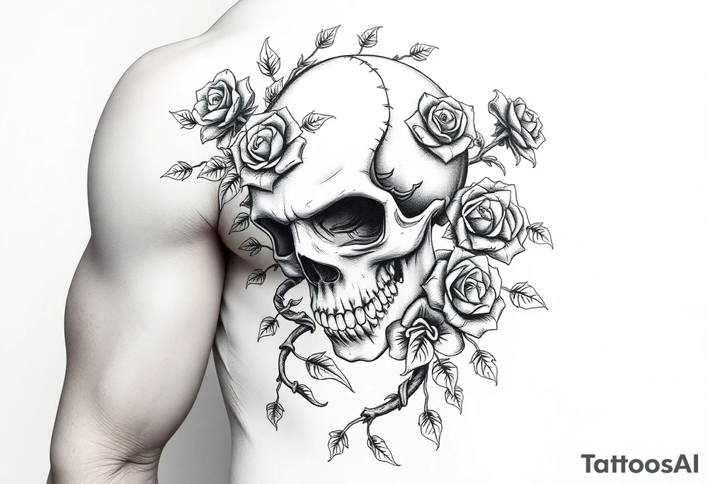 gothic skull intertwined with climbing roses and thorny vines tattoo idea