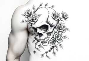 gothic skull intertwined with climbing roses and thorny vines tattoo idea