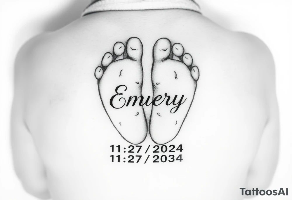 Baby feet with the name Emery and his date of birth in Roman numbers 11/27/2024 and his weight 5 pounds 12 ounces tattoo idea