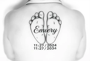 Baby feet with the name Emery and his date of birth in Roman numbers 11/27/2024 and his weight 5 pounds 12 ounces tattoo idea