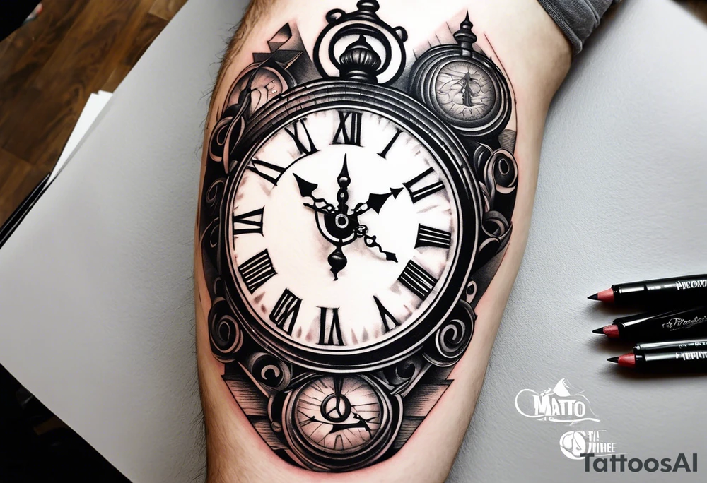 Draw me a tattoo located on the shoulder and upper arm of a man. The tattoo represents a clock in an hourglass with Roman numerals in the background. It is a symbol of the passing of time. tattoo idea