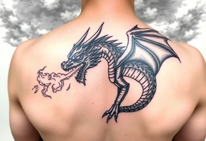 fierce dragon breathing iridescent fire against stormy skies tattoo idea