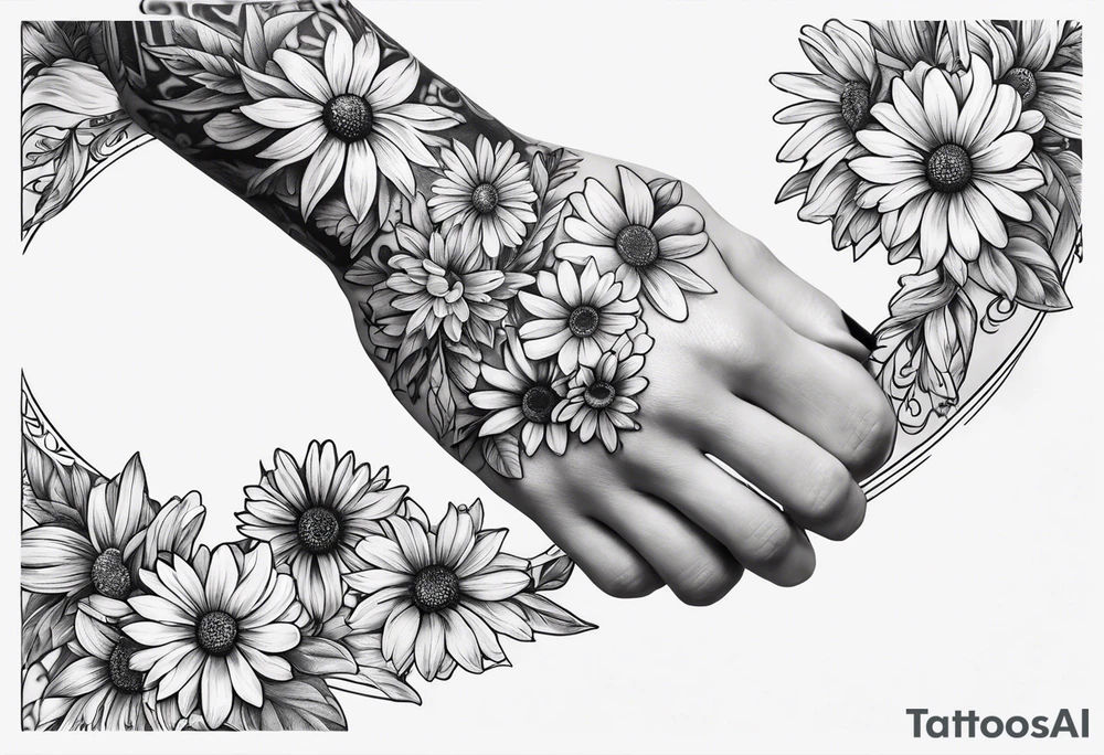 Hand tattoo of a Crescent moon shrouded by beautiful daisies tattoo idea