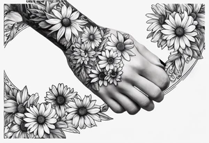 Hand tattoo of a Crescent moon shrouded by beautiful daisies tattoo idea