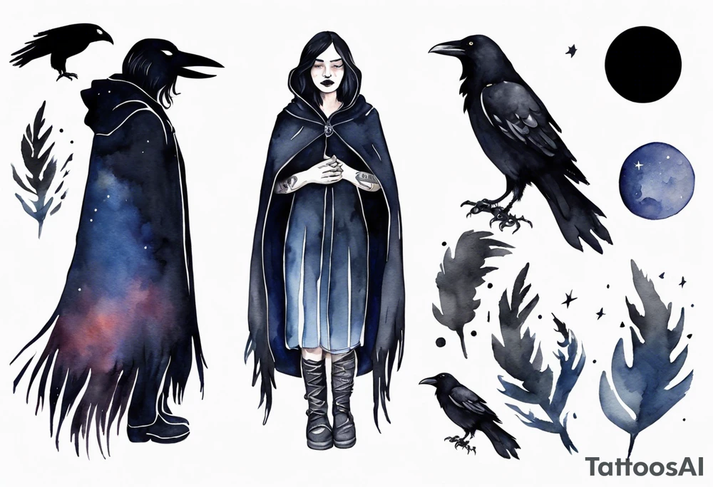 Watercolor of a Dakota woman with a black cloak, standing before the night sky, a raven on her shoulder tattoo idea