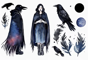 Watercolor of a Dakota woman with a black cloak, standing before the night sky, a raven on her shoulder tattoo idea