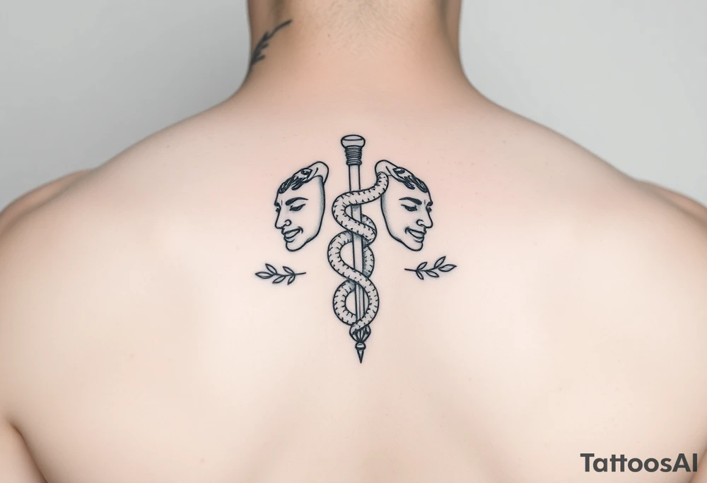 “Minimalist line art tattoo. Hermes caduceus with two snakes, mouths open. Ancient Greek theatre masks of comedy and tragedy beside it. Surround with subtle Greek symbols – olive branches, geometric meander lines, or Ionic column fragments. All elements connected by clean flowing lines into one compact, balanced composition.”


--- tattoo idea