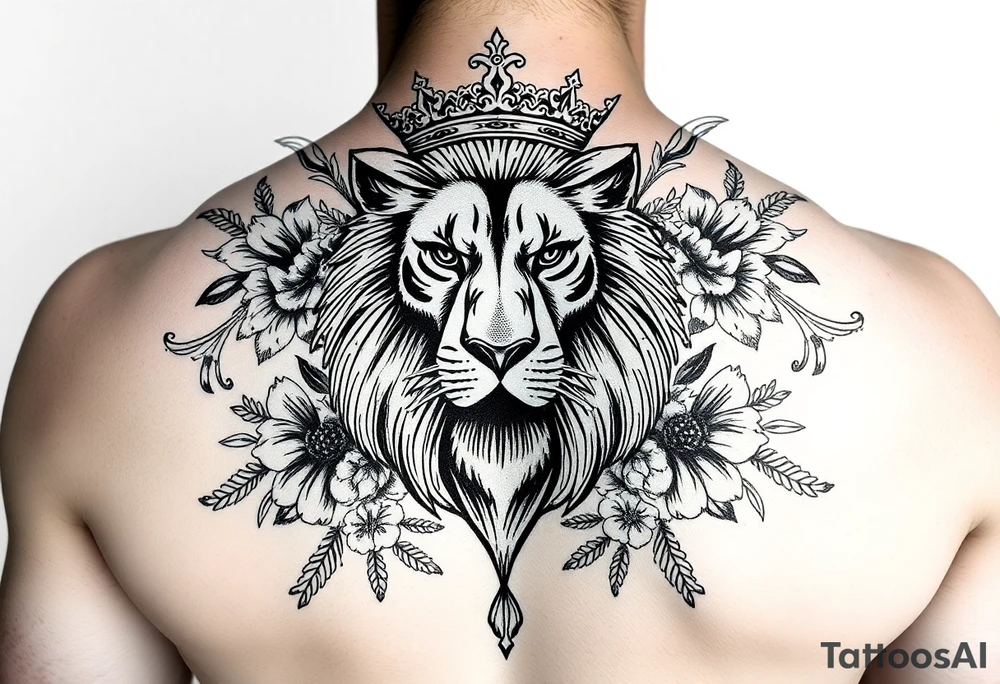 powerful majestic lion with a crown, surrounded by floral ornaments and birds tattoo idea