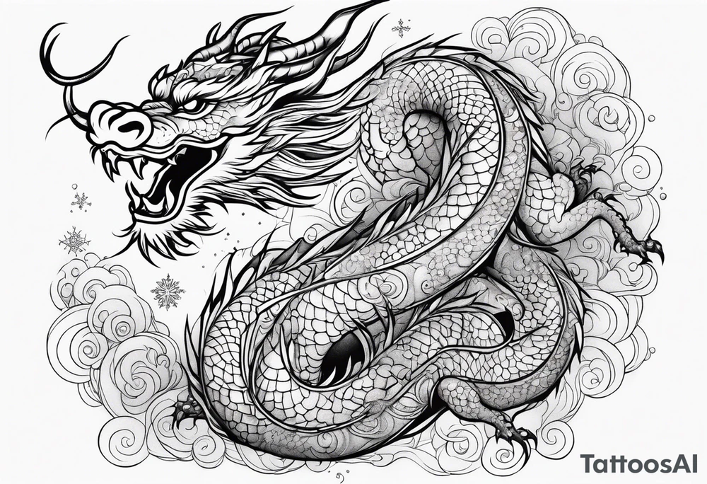 japanese dragon cute , celestial, cross, snowflake tattoo idea