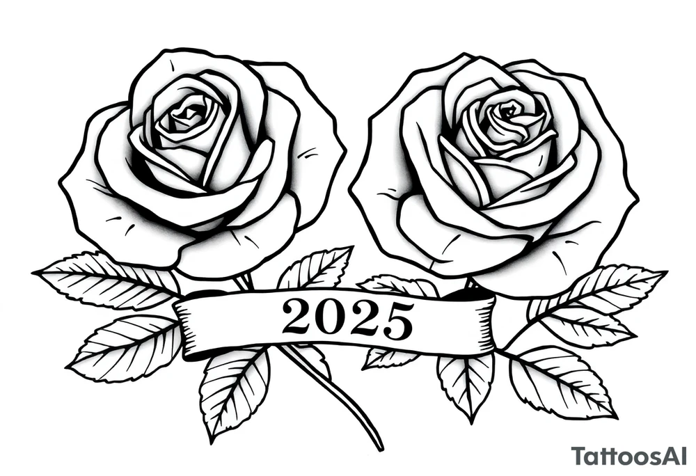two beautiful large rose buds, one larger than the other, with many leaves next to the rose buds, with one sitting slightly higher than the other, side-by-side.  Include a banner connecting the two roses with the year 2025 on it.   Use dark outlines with little shading. No stems tattoo idea