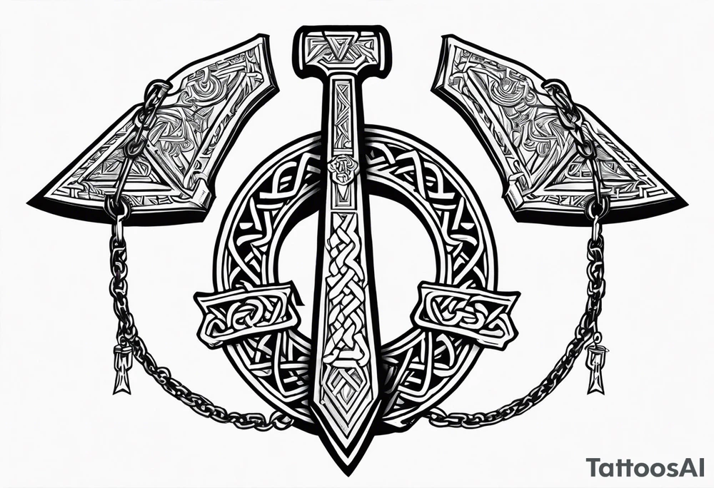 Valhalla sword shield axe Valknut chains tattoo idea