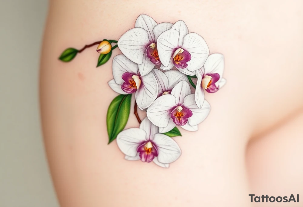 A cluster of white orchids cascading down a shoulder, surrounded by soft green leaves and golden accents. tattoo idea