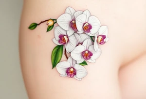 A cluster of white orchids cascading down a shoulder, surrounded by soft green leaves and golden accents. tattoo idea