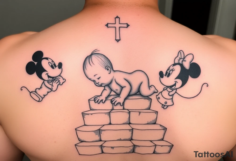Babyboy crawling up to gods stairway to heaven surrounded wit baby mickey mouse and baby Minnie mouse baby winnie the poo tattoo idea