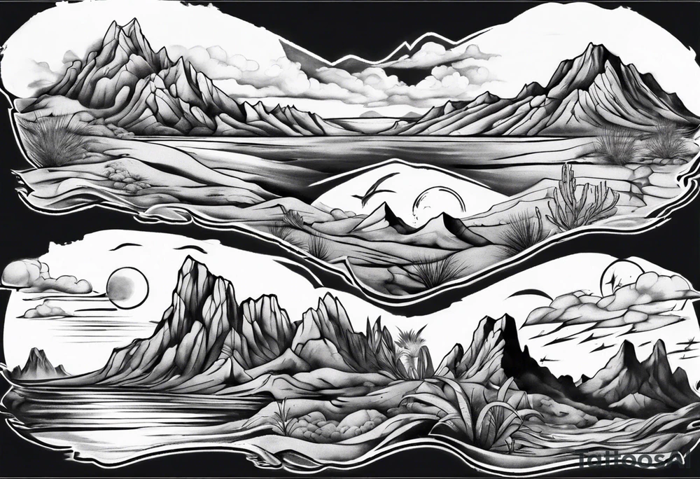 Desert river with dramatic mountains behind tattoo idea