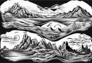 Desert river with dramatic mountains behind tattoo idea