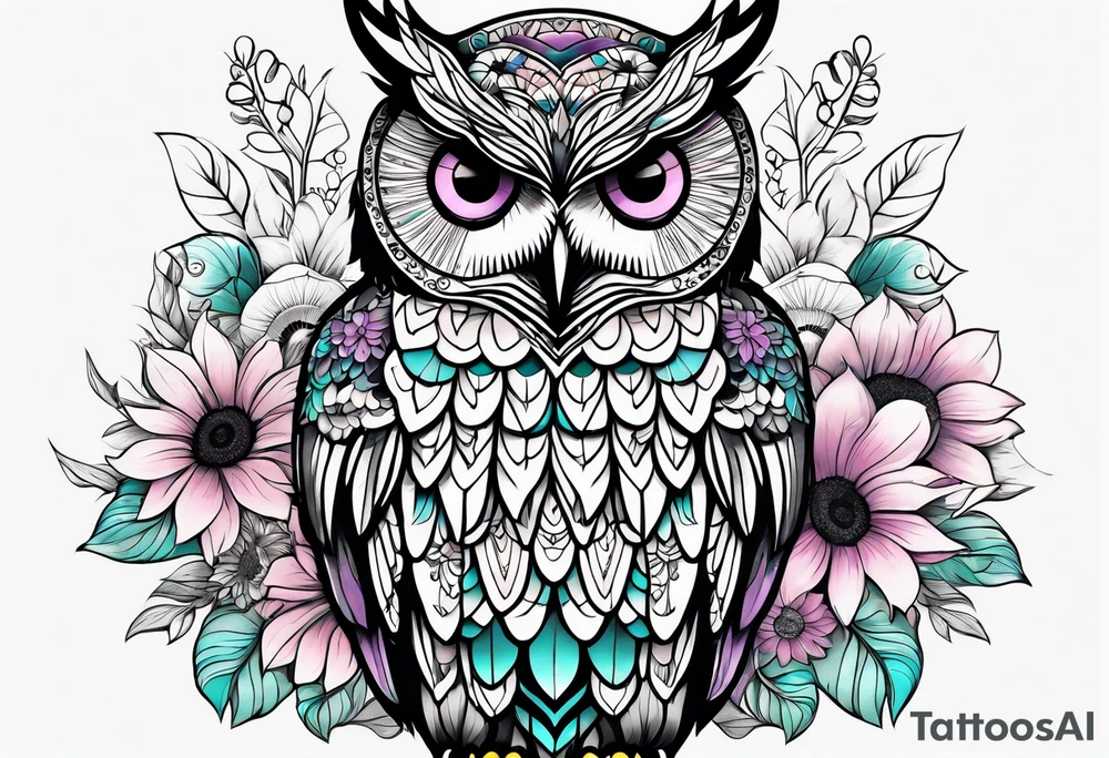 Leg Sleeve with black and white owl that's lightly shaded teal, pink and purple and yellow sunflowers tattoo idea