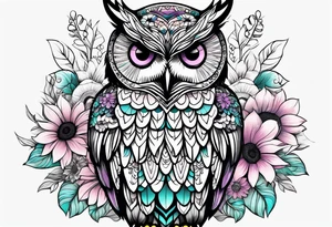 Leg Sleeve with black and white owl that's lightly shaded teal, pink and purple and yellow sunflowers tattoo idea
