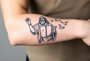 Moses holding the Ten Commandments with doves flying nearby tattoo idea
