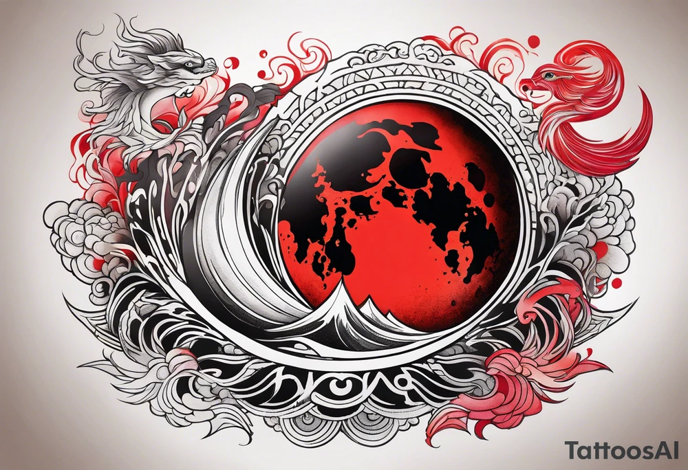 eclipse, vibrant colors (reds and blacks), dark fantasy tattoo idea