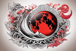 eclipse, vibrant colors (reds and blacks), dark fantasy tattoo idea