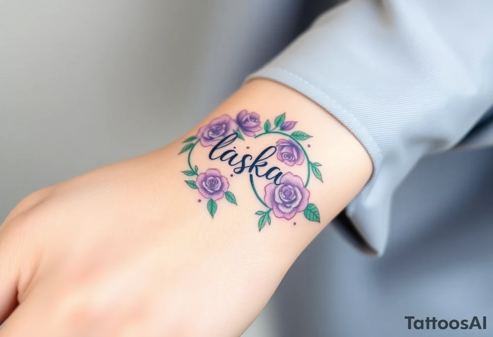 A floral infinity symbol in soft lavender and green, with word "láska" seamlessly entwined between delicate blooming roses tattoo idea