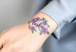 A floral infinity symbol in soft lavender and green, with word "láska" seamlessly entwined between delicate blooming roses tattoo idea