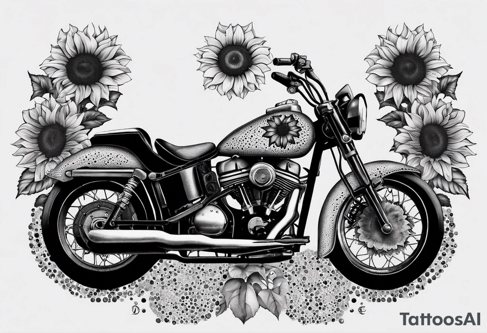 A central cross with the names Kyle Peter Lori on it with lighting a motorcycle and a sunflower around it tattoo idea