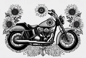 A central cross with the names Kyle Peter Lori on it with lighting a motorcycle and a sunflower around it tattoo idea