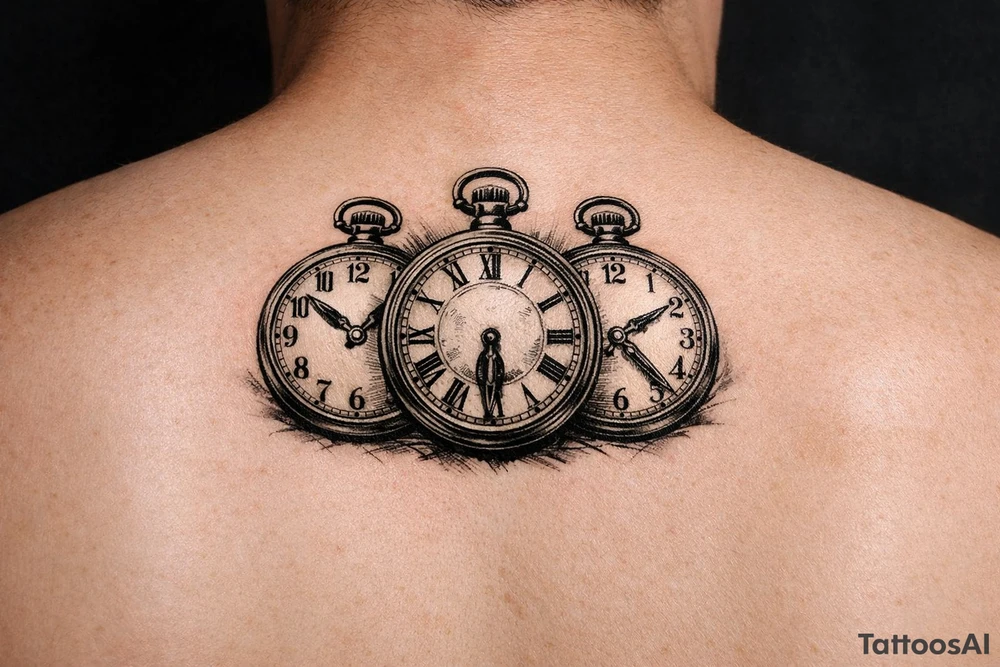 Three vintage pocket watches, open faces, showing different times. tattoo idea
