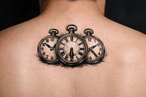 Three vintage pocket watches, open faces, showing different times. tattoo idea