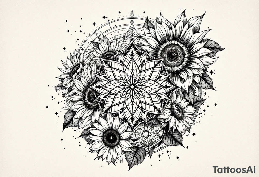 intricate mandala with sacred geometry and sunflowers tattoo idea