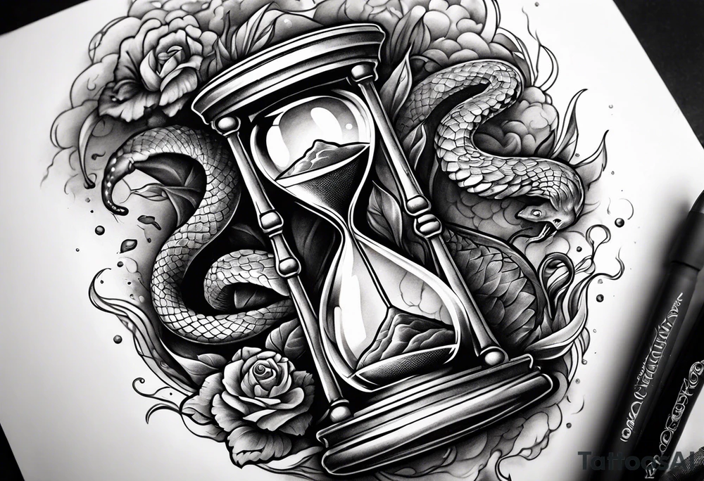 Snake surrounding an hourglass AND a thunder tattoo around forearm tattoo idea