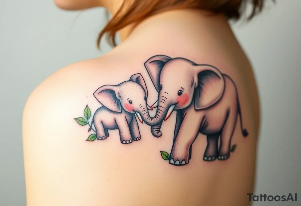 Two elephants while one is a baby elephant, the second is elephant mother. Baby elephant is holding its mother trunk, surrounded by soft green leaves and warm earth tones, symbolizing guidance and protection tattoo idea