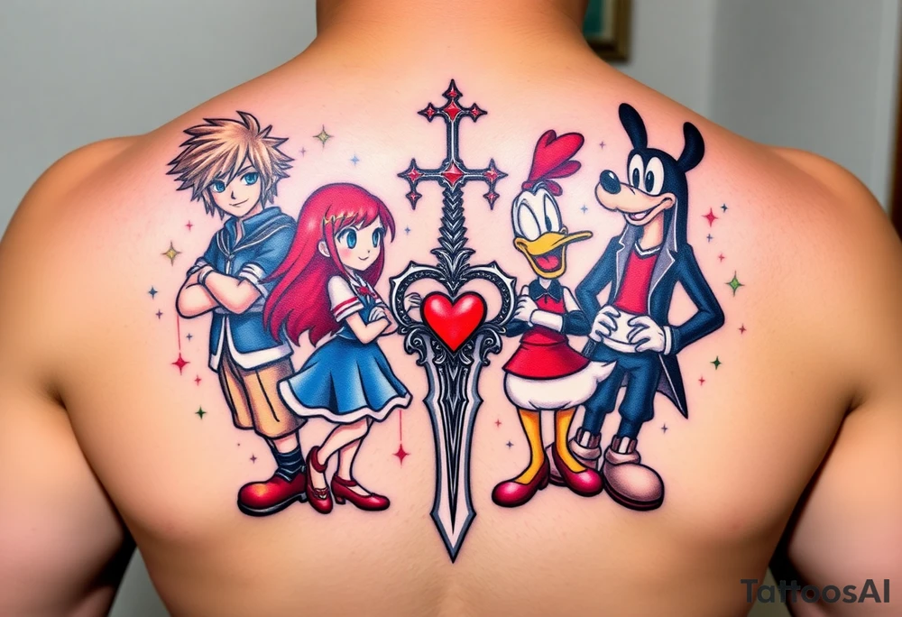 custom Kingdom Hearts tattoo design featuring Sora, Kairi, Riku, Donald, and Goofy together in a dynamic, united pose. The centerpiece should include the Heartless Keyblade, with a beautiful and ethereal Kingdom Hearts-inspired background—think glowing stars, floating islands, and stained-glass elements. The design should capture themes of friendship, light vs. darkness, and adventure. Style should be detailed, fantasy-oriented, and suitable for a large piece (like an upper arm sleeve or back piece).” tattoo idea
