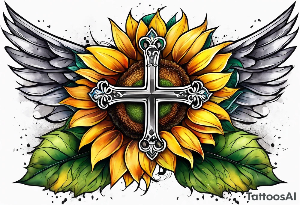 Winged cross with sunflower arm sleeve tattoo idea