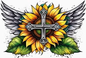 Winged cross with sunflower arm sleeve tattoo idea