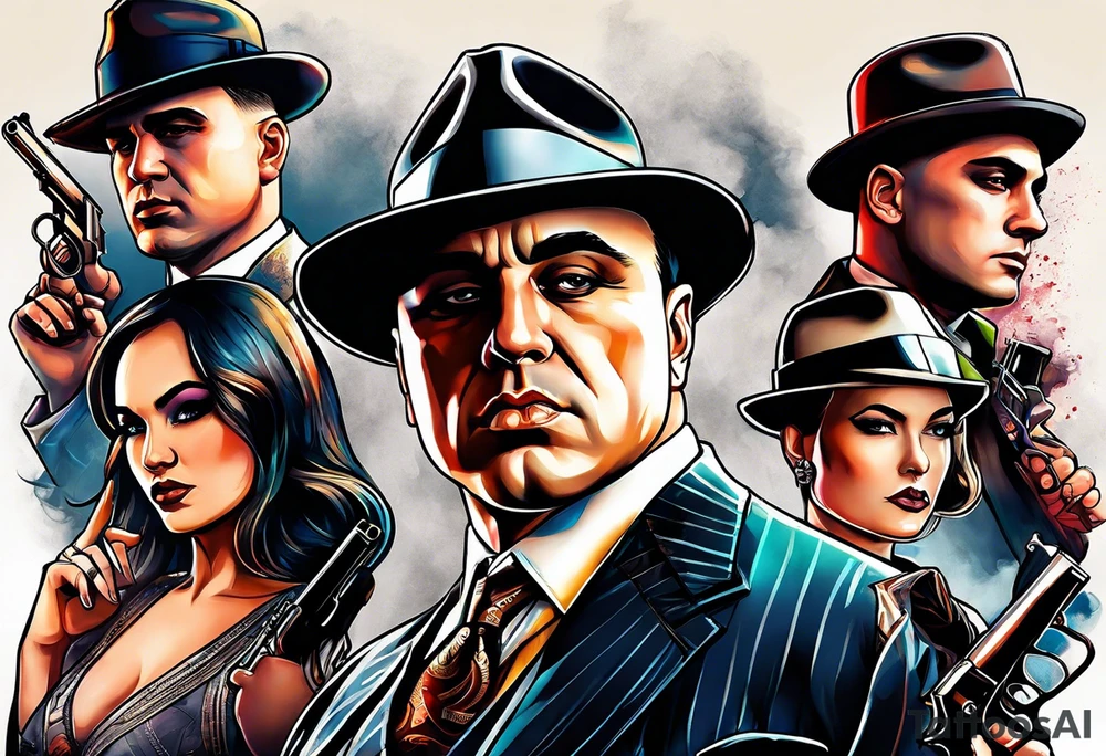group of gangsters  with bonnie & clyde with Al Capone and machine gunns with smoke and fire and sexy females tattoo idea
