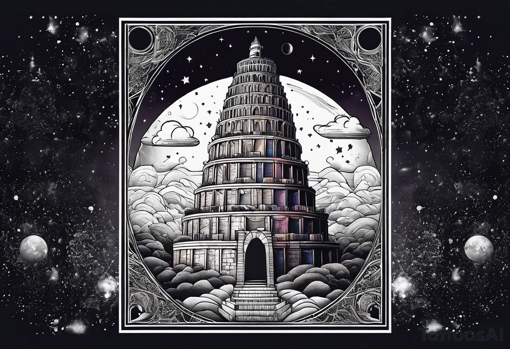 Babel tower with a cosmic background tattoo idea