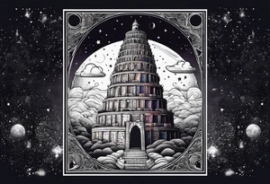 Babel tower with a cosmic background tattoo idea