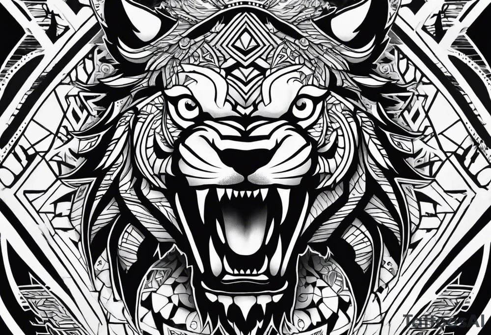 A tattoo designed for the knee, featuring the face of a mitological beast with wild, exaggerated features, such as sharp fangs, intense eyes, and a snarling expression. The design incorporates large areas of white space for contrast, with beams of light or energy radiating outward from the beast’s eyes in a chaotic and powerful pattern. The overall look should be bold and primal, with flowing lines that adapt naturally to the curvature of the knee. tattoo idea