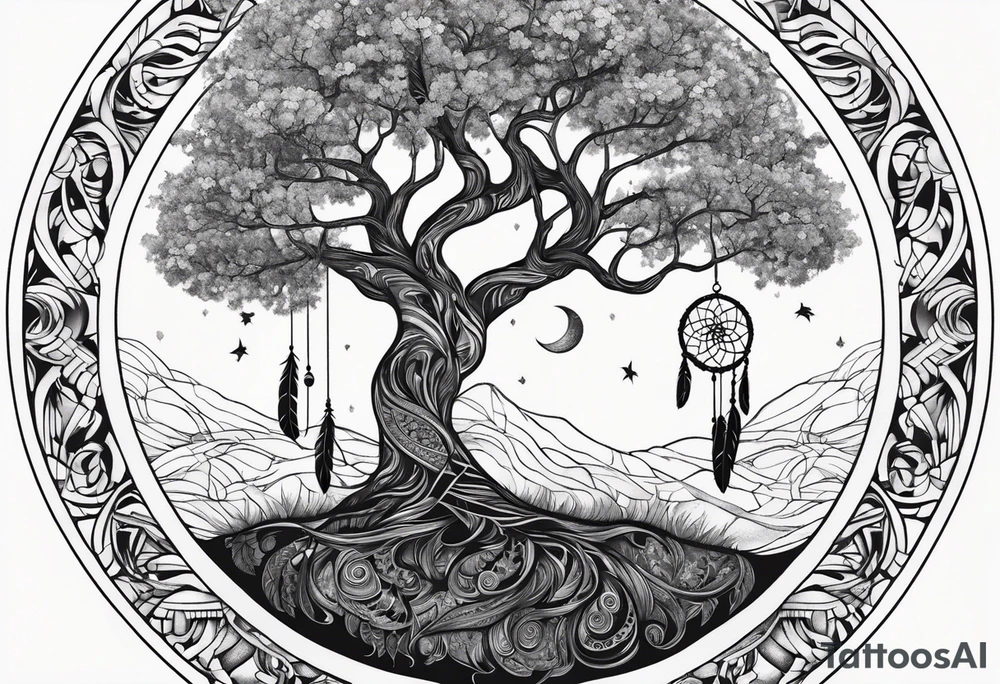 Tree of life with dream catcher tattoo idea