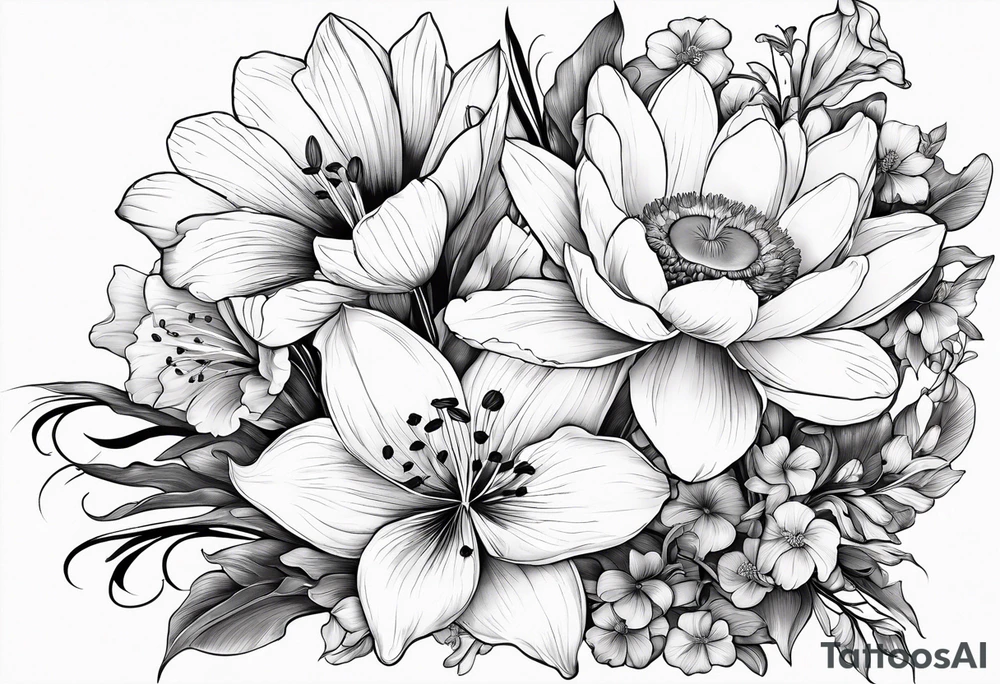 A bouquet of flowers with a water lily, gladiolus, poppy, lily of the valley, daffodil, and a honey suckle with long stems tattoo idea