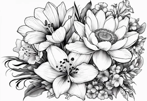 A bouquet of flowers with a water lily, gladiolus, poppy, lily of the valley, daffodil, and a honey suckle with long stems tattoo idea
