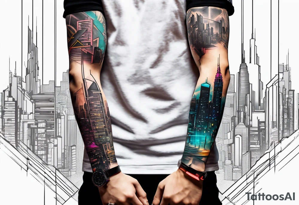 cyberpunk 2077, forearm tattoo, geometric, subtle, men, city skyline tattoo idea