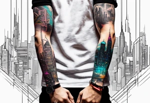 cyberpunk 2077, forearm tattoo, geometric, subtle, men, city skyline tattoo idea