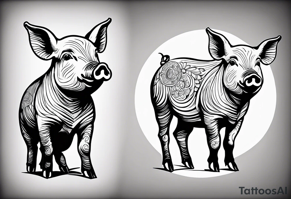 minimalist tattoo of a cute pig or piglet that contains text: "friends. not food" 

only very thin lines. no shading. black and white only tattoo idea