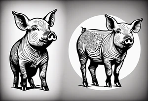 minimalist tattoo of a cute pig or piglet that contains text: "friends. not food" 

only very thin lines. no shading. black and white only tattoo idea
